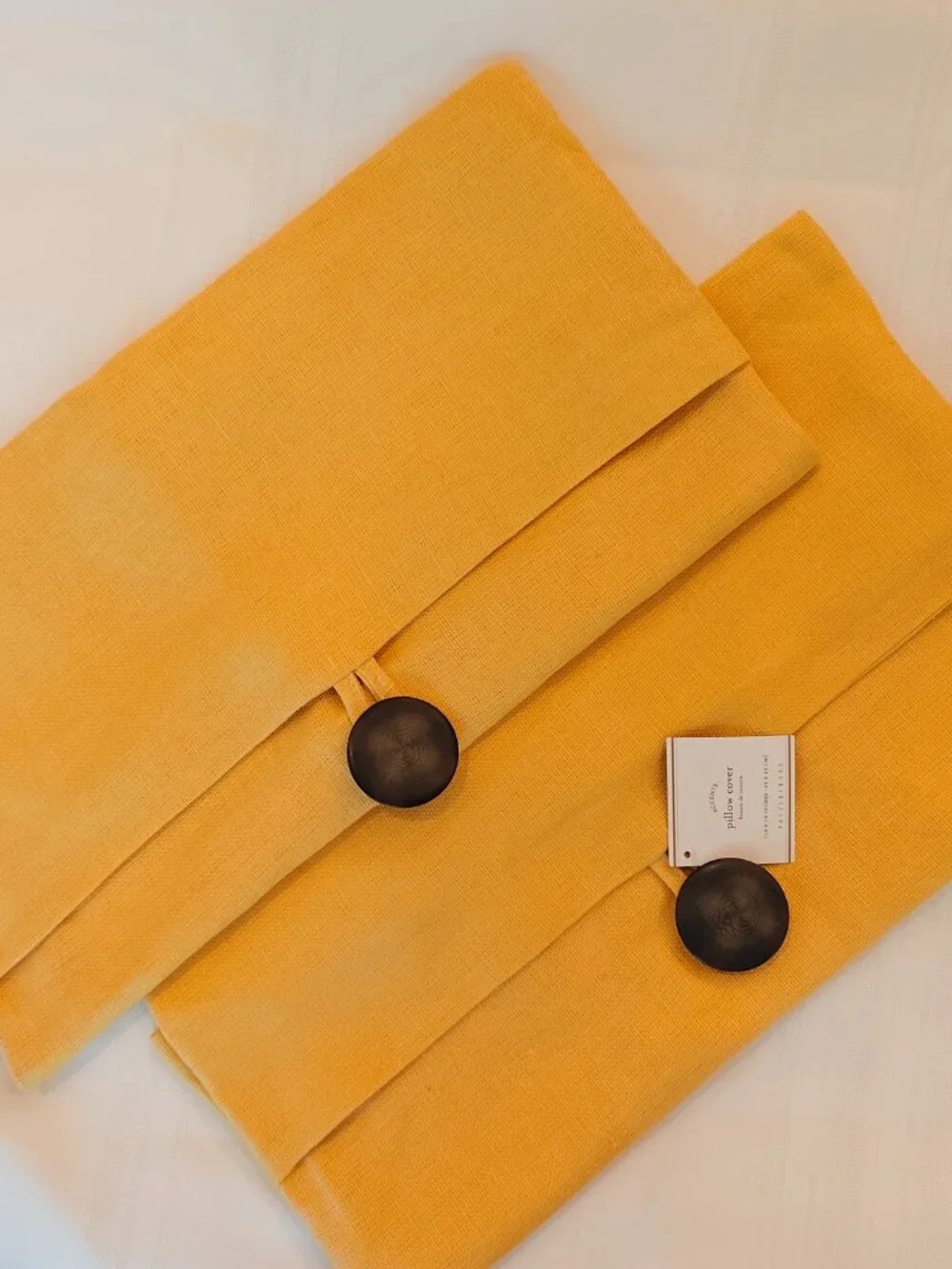 Pottery Barn Soleil Pillow Covers Set 2 Textured Linen 18x18 Yellow Button NEW